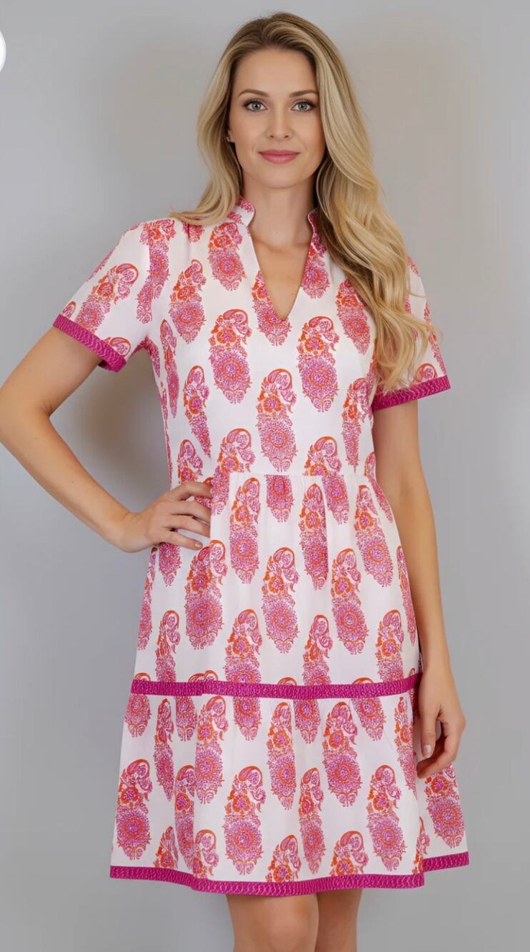 LA PLAGE Alison Shortsleeve Dress Floral Paisley in White Pink and Orange Small